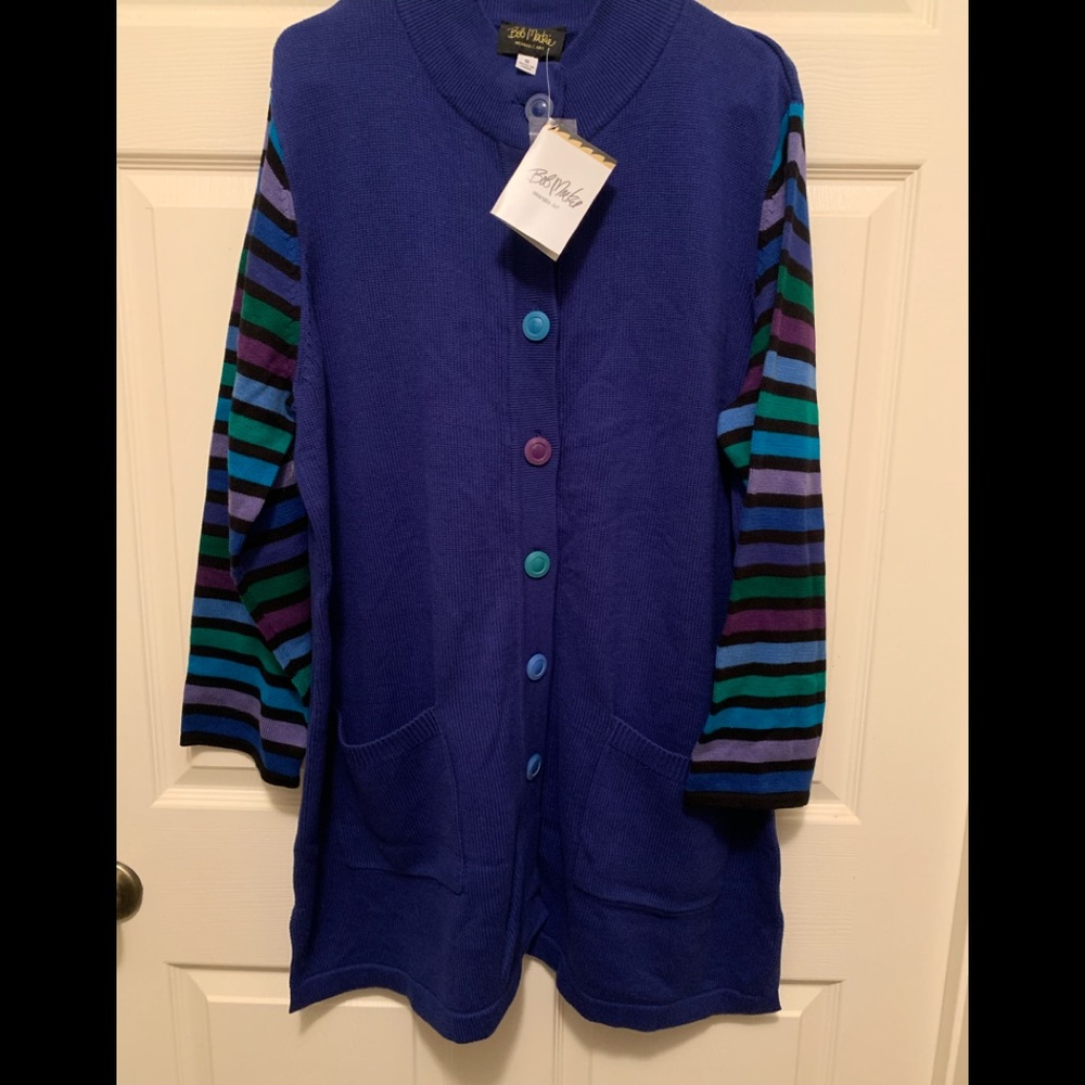 Bob Mackie women's long sleeve stretch knit strip print 1x button front NWT b29